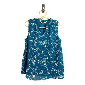 NEW PaperMoon Stitch Fix Indigo Blue Floral Sheer Overlay Sleeveless Split Neck